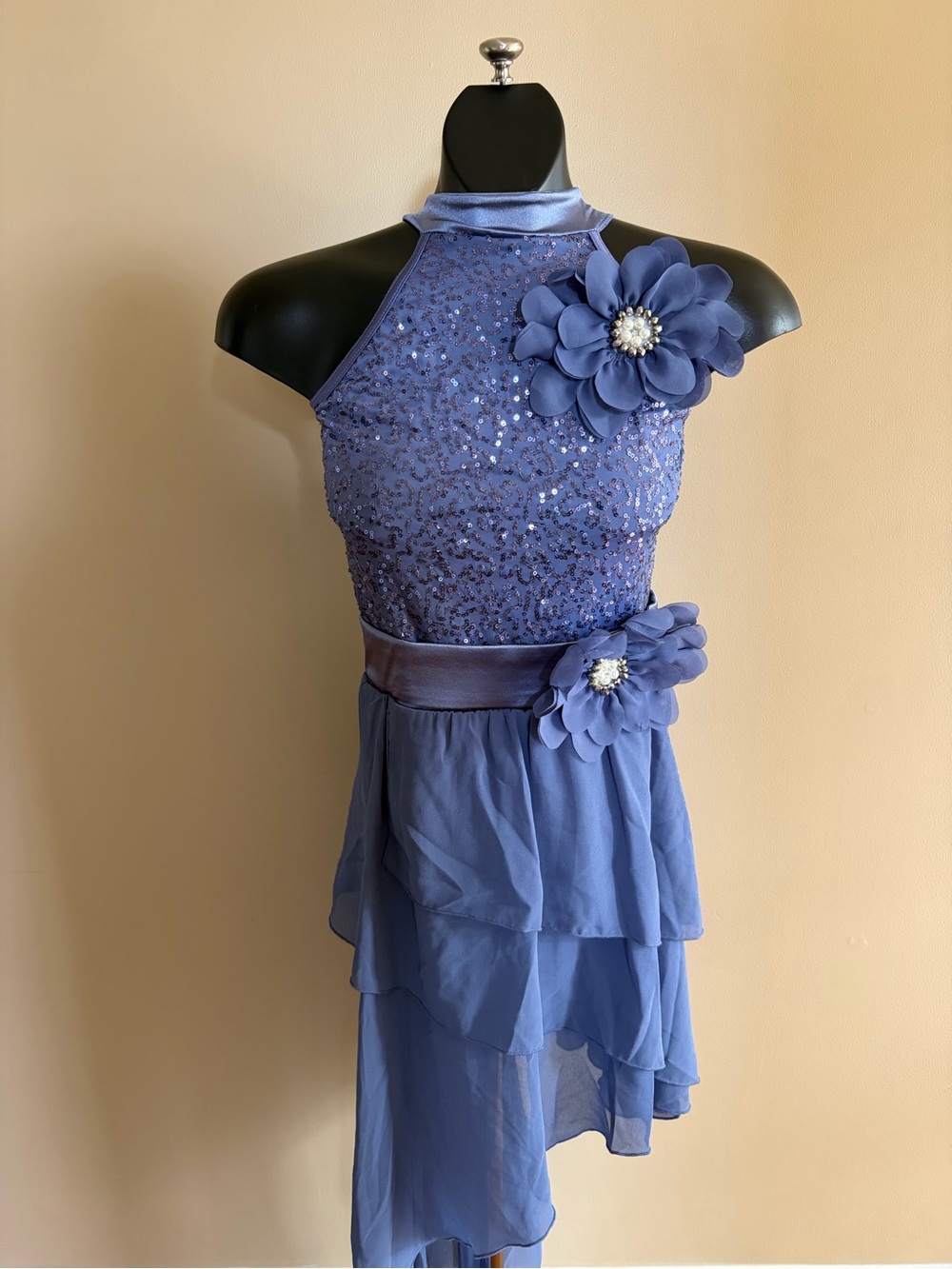 Weissman Periwinkle Halter Sequin Dance Dress with Floral Appliqués
